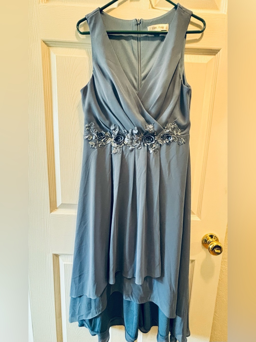 Ever Pretty Dusty Blue Hi Low Dress Embroidered Floral Waist Sz M